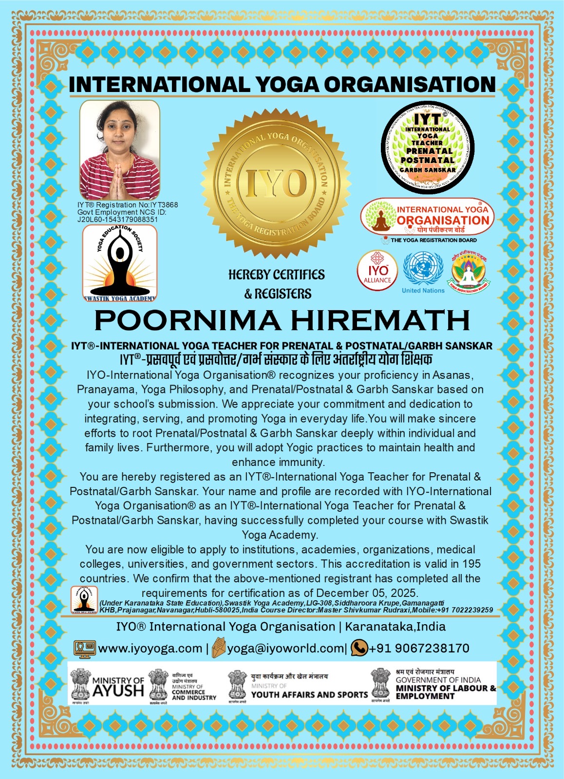 International yoga organisation certificate by IYO YOGA ACADEMY