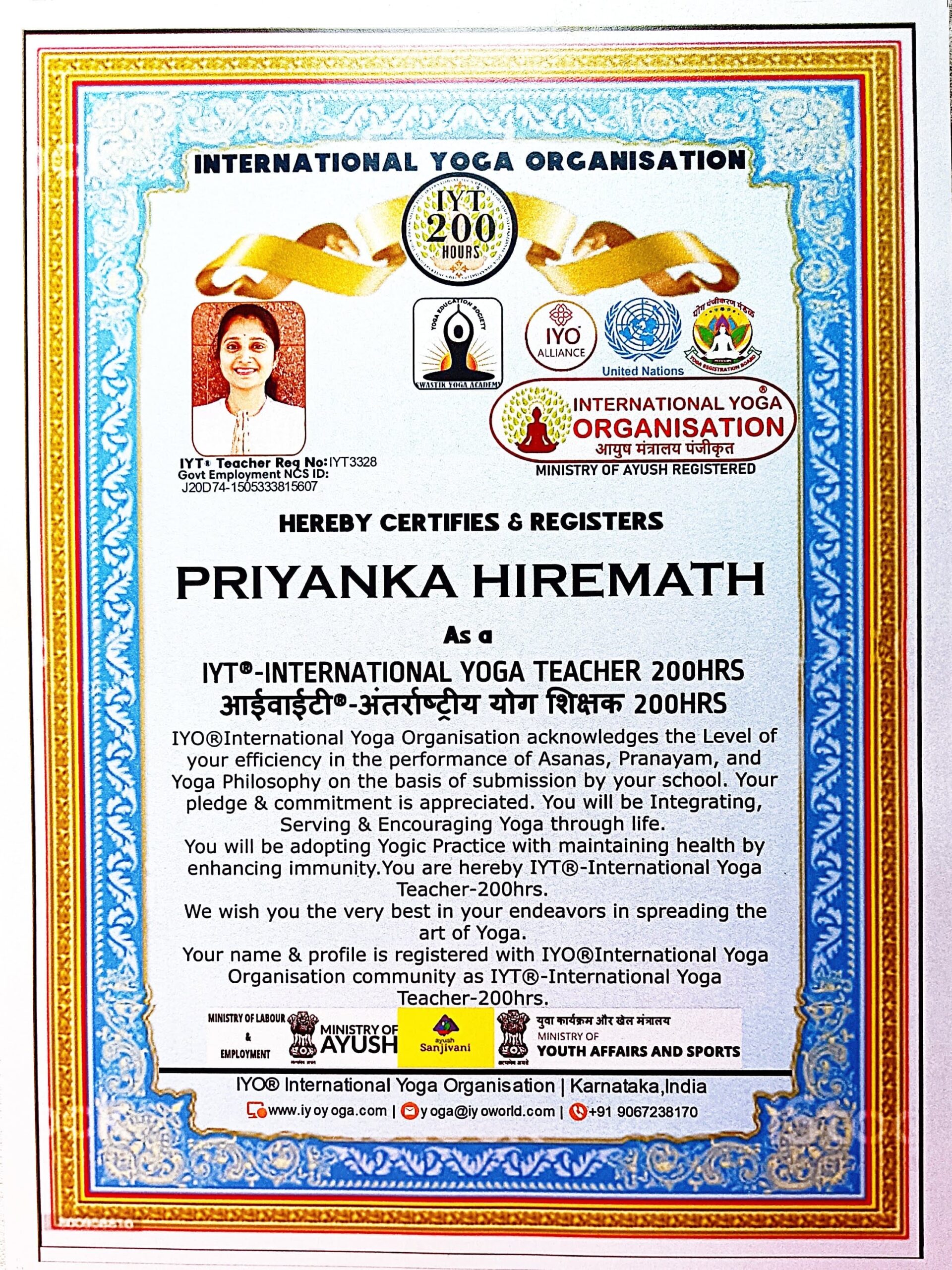 International yoga organisation certificate by IYO YOGA ACADEMY